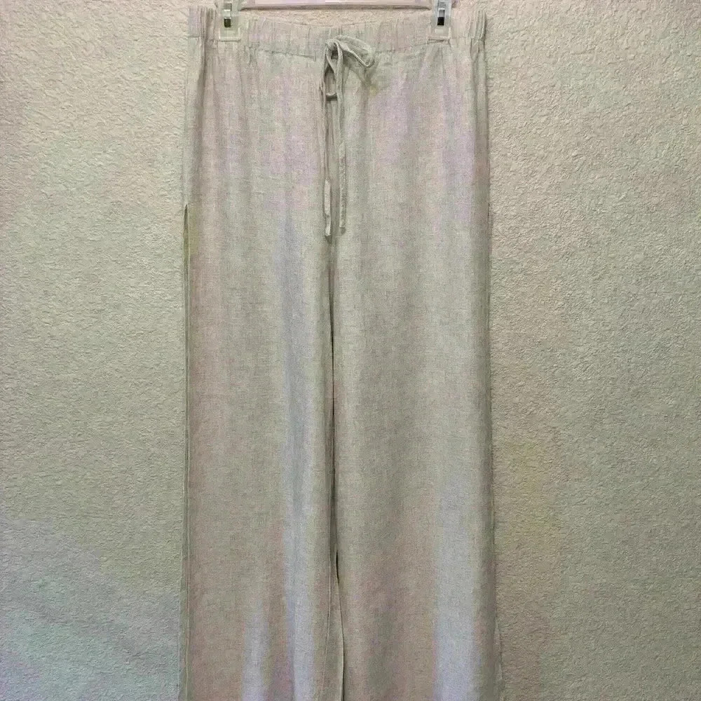 Cream linen blend pant with high slit sz L beach wear resort wear lightweight